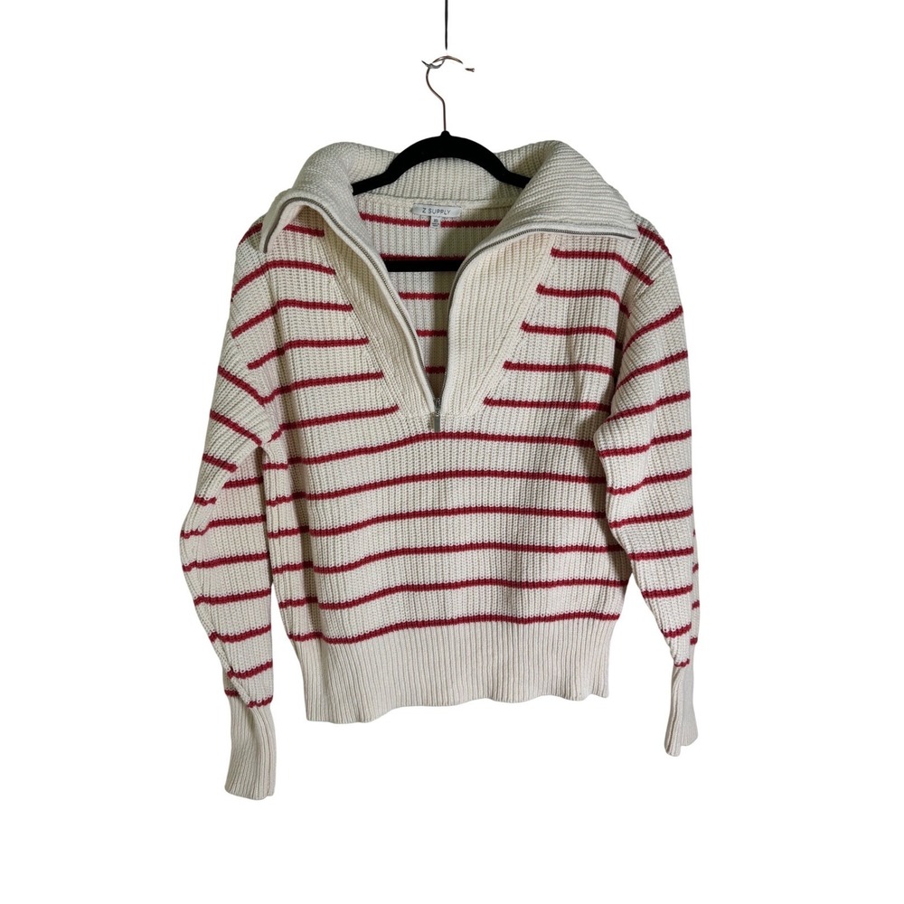 Z Supply Striped Quarter Zip Sweater Cream Red Ribbed Collar Knit XS - Picture 4 of 10
